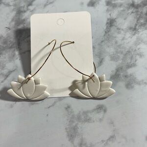 Handcrafted White Lotus Flower on Gold Hook Hoops